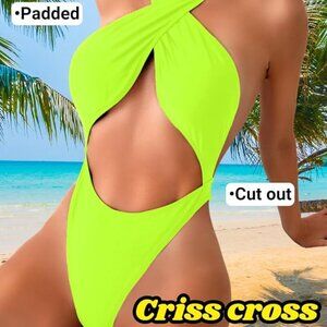 🌟 NWT Neon Green Criss Cross Monokini Cut Out Swimsuit Medium 🌟
